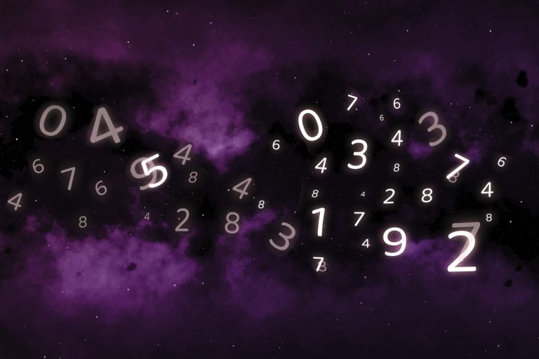 A cosmic background in shades of purple with scattered white numerical digits floating in space, each representing the numerology significance of Seattle.